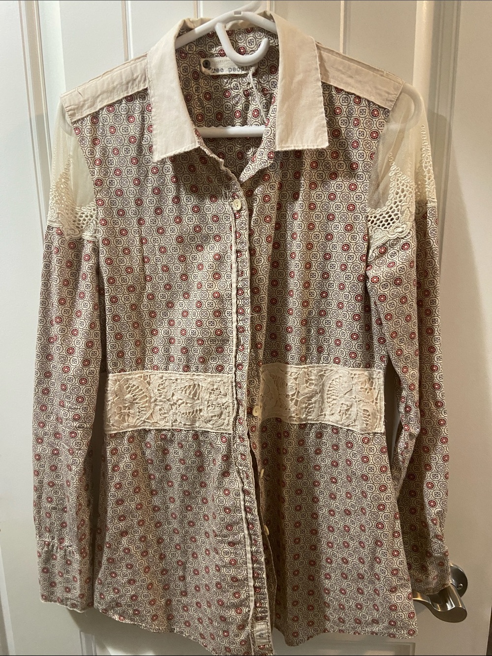 Free People Cream & Red Patterned Long-Sleeve Country Style Shirt